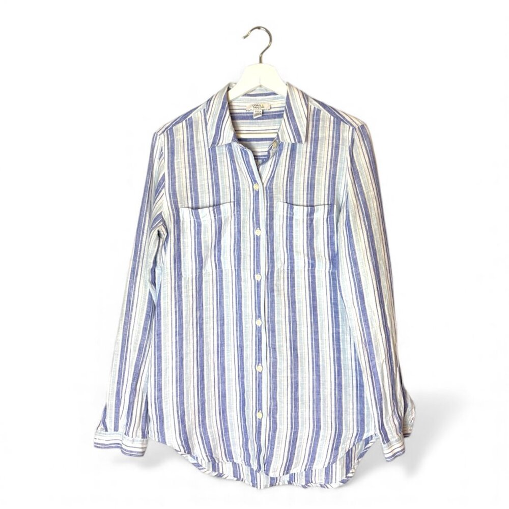 Lord & Taylor 100% Linen Striped Purple Blue Button Down Shirt Size Small Summer